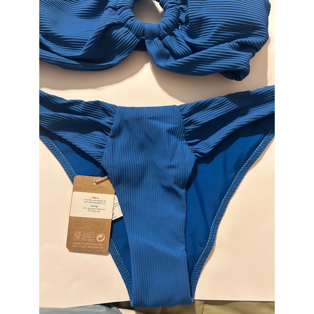 Berlook Blue Ribbed O-Ring Bikini Set NWT Swimwear Medium Coastal Resort - Picture 6 of 6